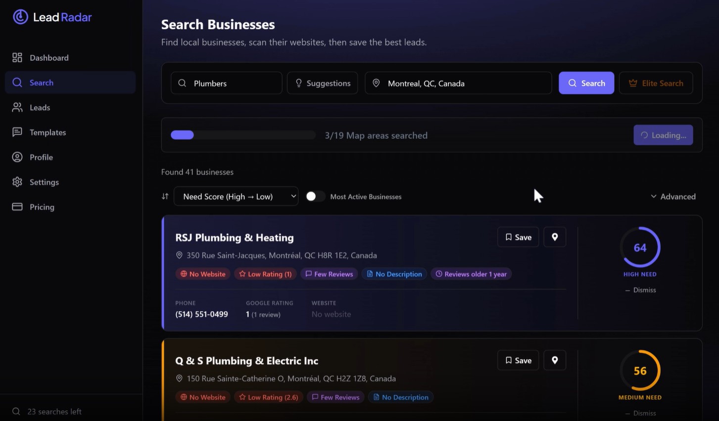 LeadRadar product screenshot